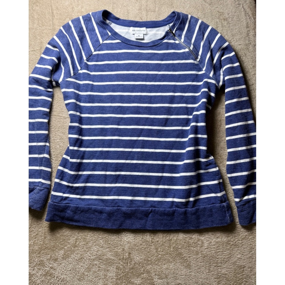 Liz Claiborne  Striped Raglan Sweatshirt  Zipper Womens Medium Coastal Nautical